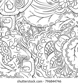 Seamless mehndi vector pattern. Hand-made illustration. Black and white binary pattern, monochrome doodle texture.