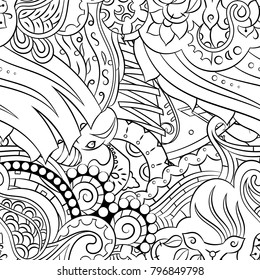Seamless mehndi vector pattern. Hand-made illustration. Black and white binary pattern, monochrome doodle texture.