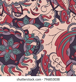 Seamless mehndi vector pattern. Hand-made ethnic illustration. Colorful doodle texture.