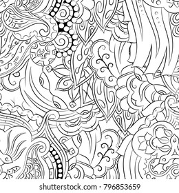 Seamless mehndi vector pattern. Hand-made illustration. Black and white binary pattern, monochrome doodle texture.