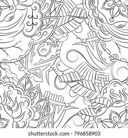 Seamless mehndi vector pattern. Hand-made illustration. Black and white binary pattern, monochrome doodle texture.