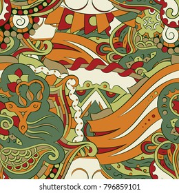 Seamless mehndi vector pattern. Hand-made ethnic illustration. Colorful doodle texture.
