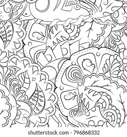 Seamless mehndi vector pattern. Hand-made illustration. Black and white binary pattern, monochrome doodle texture.
