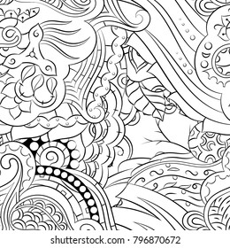 Seamless mehndi vector pattern. Hand-made illustration. Black and white binary pattern, monochrome doodle texture.