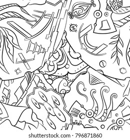 Seamless mehndi vector pattern. Hand-made illustration. Black and white binary pattern, monochrome doodle texture.