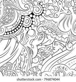 Seamless mehndi vector pattern. Hand-made illustration. Black and white binary pattern, monochrome doodle texture.