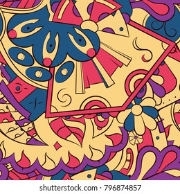 Seamless mehndi vector pattern. Hand-made ethnic illustration. Colorful doodle texture.