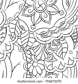 Seamless mehndi vector pattern. Hand-made illustration. Black and white binary pattern, monochrome doodle texture.