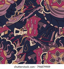 Seamless mehndi vector pattern. Hand-made ethnic illustration. Colorful doodle texture.