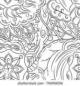 Seamless mehndi vector pattern. Hand-made illustration. Black and white binary pattern, monochrome doodle texture.