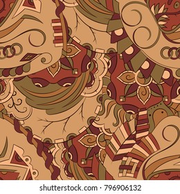 Seamless mehndi vector pattern. Hand-made ethnic illustration. Colorful doodle texture.