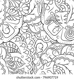 Seamless mehndi vector pattern. Hand-made illustration. Black and white binary pattern, monochrome doodle texture.