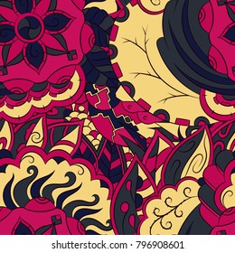 Seamless mehndi vector pattern. Hand-made ethnic illustration. Colorful doodle texture.
