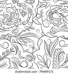 Seamless mehndi vector pattern. Hand-made illustration. Black and white binary pattern, monochrome doodle texture.