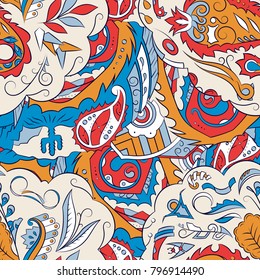 Seamless mehndi vector pattern. Hand-made ethnic illustration. Colorful doodle texture.