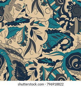 Seamless mehndi vector pattern. Hand-made ethnic illustration. Colorful doodle texture.