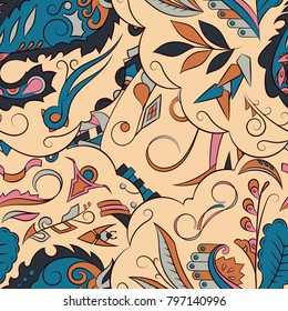 Seamless mehndi vector pattern. Hand-made ethnic illustration. Colorful doodle texture.