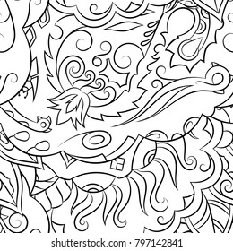 Seamless mehndi vector pattern. Hand-made illustration. Black and white binary pattern, monochrome doodle texture.