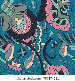 Seamless mehndi vector pattern. Hand-made ethnic illustration. Colorful doodle texture.