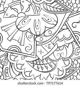 Seamless mehndi vector pattern. Hand-made illustration. Black and white binary pattern, monochrome doodle texture.