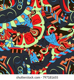 Seamless mehndi vector pattern. Hand-made ethnic illustration. Colorful doodle texture.