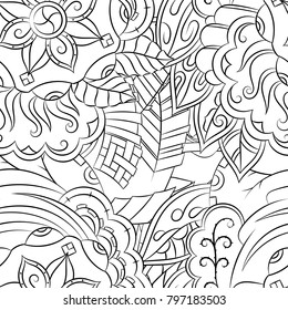 Seamless mehndi vector pattern. Hand-made illustration. Black and white binary pattern, monochrome doodle texture.