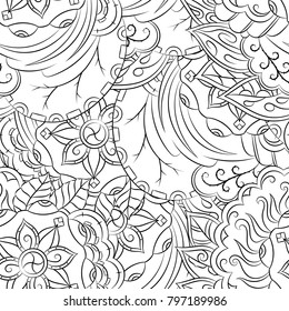 Seamless mehndi vector pattern. Hand-made illustration. Black and white binary pattern, monochrome doodle texture.