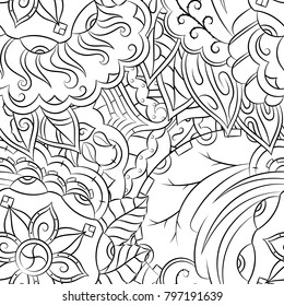 Seamless mehndi vector pattern. Hand-made illustration. Black and white binary pattern, monochrome doodle texture.