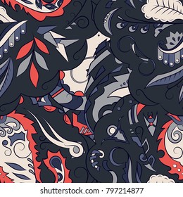 Seamless mehndi vector pattern. Hand-made ethnic illustration. Colorful doodle texture.