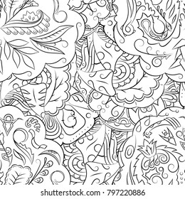 Seamless mehndi vector pattern. Hand-made illustration. Black and white binary pattern, monochrome doodle texture.