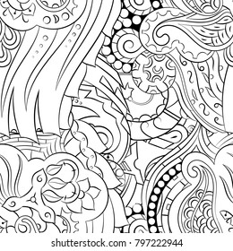 Seamless mehndi vector pattern. Hand-made illustration. Black and white binary pattern, monochrome doodle texture.