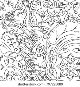 Seamless mehndi vector pattern. Hand-made illustration. Black and white binary pattern, monochrome doodle texture.