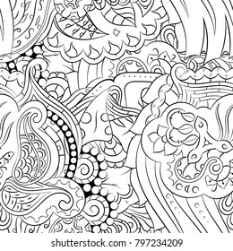 Seamless mehndi vector pattern. Hand-made illustration. Black and white binary pattern, monochrome doodle texture.