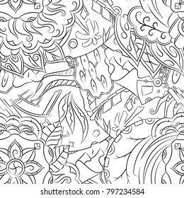 Seamless mehndi vector pattern. Hand-made illustration. Black and white binary pattern, monochrome doodle texture.