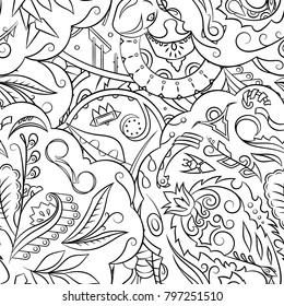 Seamless mehndi vector pattern. Hand-made illustration. Black and white binary pattern, monochrome doodle texture.