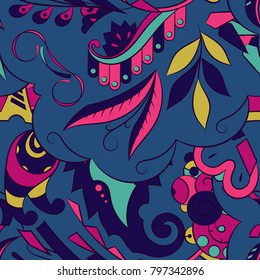 Seamless mehndi vector pattern. Hand-made ethnic illustration. Colorful doodle texture.