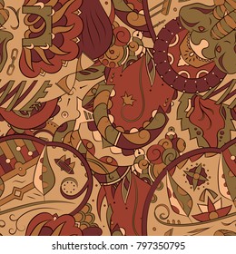 Seamless mehndi vector pattern. Hand-made ethnic illustration. Colorful doodle texture.