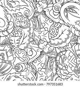 Seamless mehndi vector pattern. Hand-made illustration. Black and white binary pattern, monochrome doodle texture.