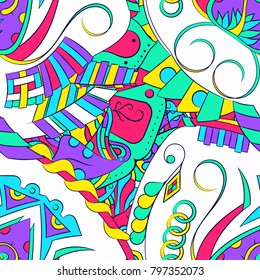 Seamless mehndi vector pattern. Hand-made ethnic illustration. Colorful doodle texture.