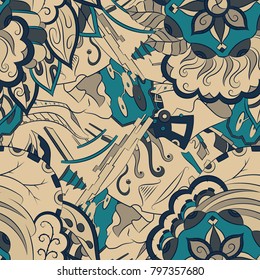 Seamless mehndi vector pattern. Hand-made ethnic illustration. Colorful doodle texture.