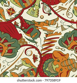 Seamless mehndi vector pattern. Hand-made ethnic illustration. Colorful doodle texture.