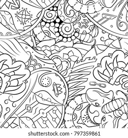 Seamless mehndi vector pattern. Hand-made illustration. Black and white binary pattern, monochrome doodle texture.