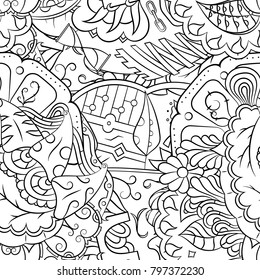 Seamless mehndi vector pattern. Hand-made illustration. Black and white binary pattern, monochrome doodle texture.