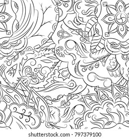 Seamless mehndi vector pattern. Hand-made illustration. Black and white binary pattern, monochrome doodle texture.