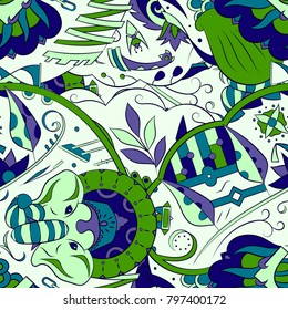 Seamless mehndi vector pattern. Hand-made ethnic illustration. Colorful doodle texture.