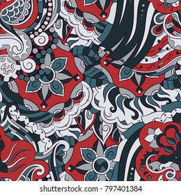 Seamless mehndi vector pattern. Hand-made ethnic illustration. Colorful doodle texture.