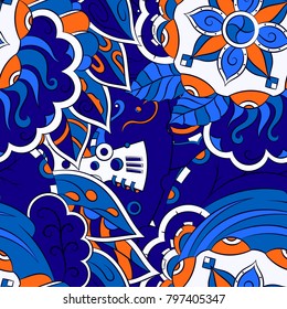 Seamless mehndi vector pattern. Hand-made ethnic illustration. Colorful doodle texture.