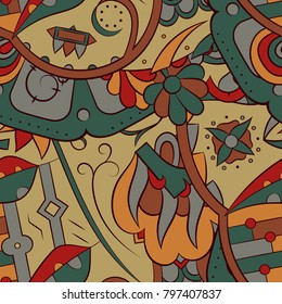 Seamless mehndi vector pattern. Hand-made ethnic illustration. Colorful doodle texture.