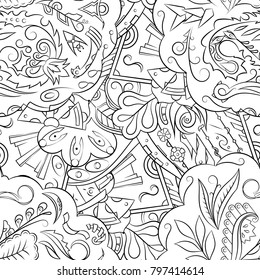 Seamless mehndi vector pattern. Hand-made illustration. Black and white binary pattern, monochrome doodle texture.