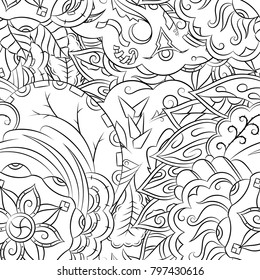 Seamless mehndi vector pattern. Hand-made illustration. Black and white binary pattern, monochrome doodle texture.